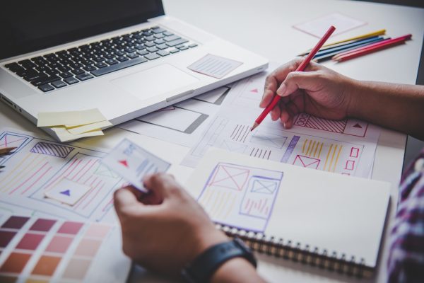 Website designer Creative planning application development grap designer graphic creative ,creativity woman working on laptop and designing coloring color ideas style